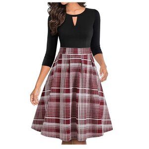 NWOT YATHON Red Plaid Vintage A-Line Swing Dress, Pockets, XL, 3/4 Sleeve